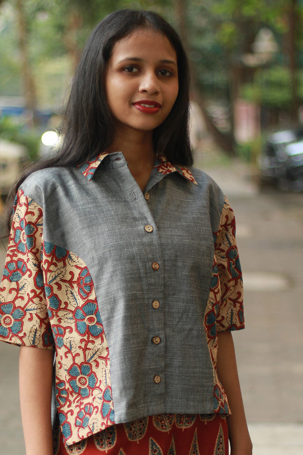 Cropped Shirt /  Blouse with Mirrorwork | Slate
