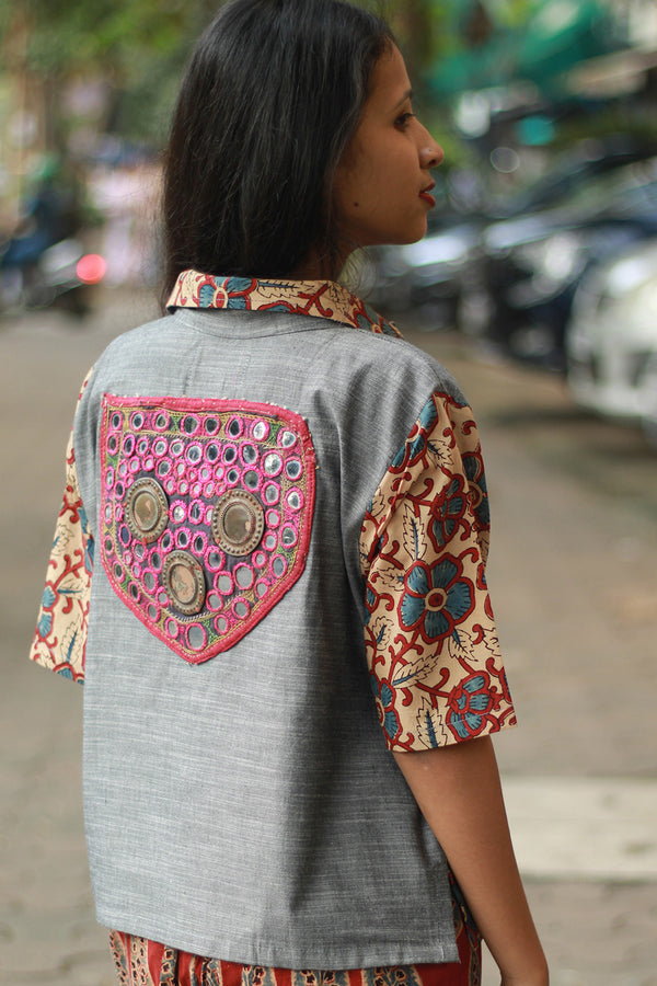 Cropped Shirt /  Blouse with Mirrorwork | Slate