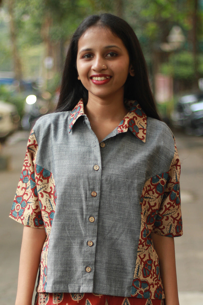 Cropped Shirt /  Blouse with Mirrorwork | Slate