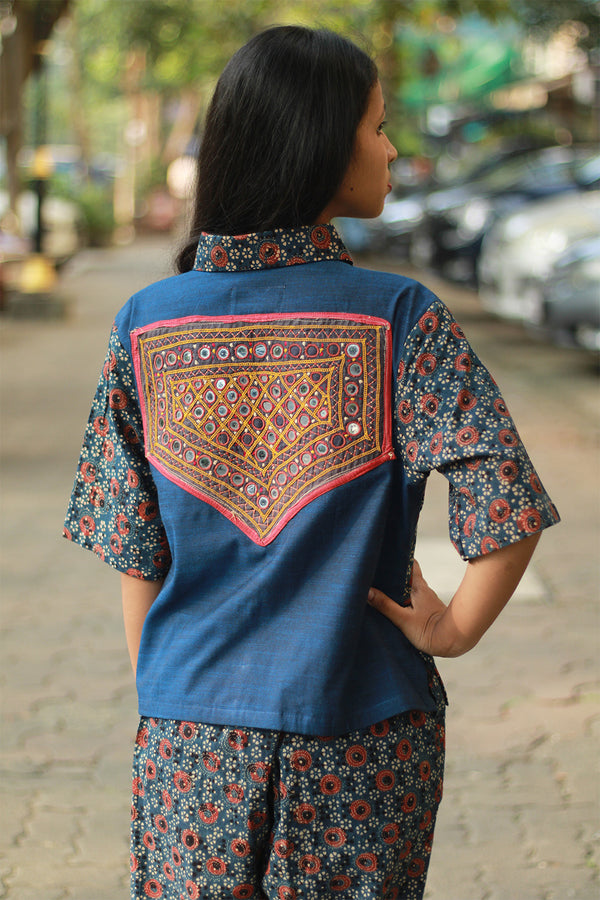 Cropped Shirt /  Blouse with Mirrorwork | Blue