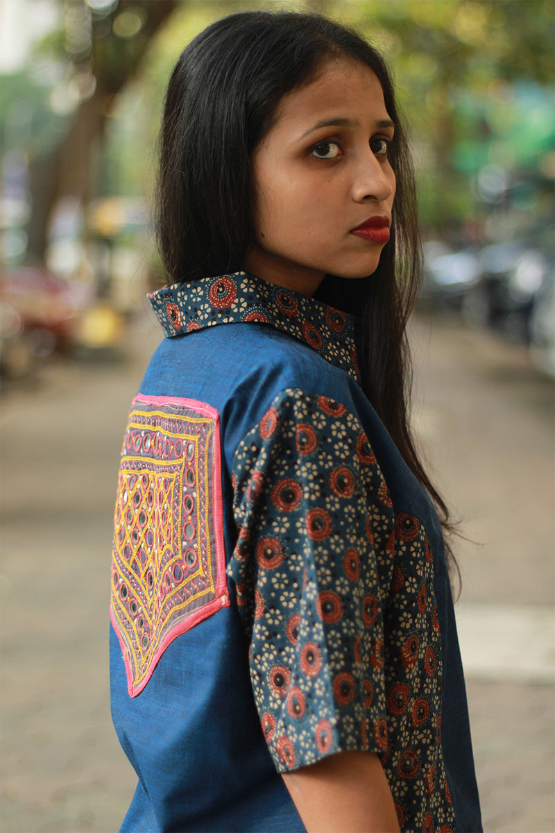 Cropped Shirt /  Blouse with Mirrorwork | Blue