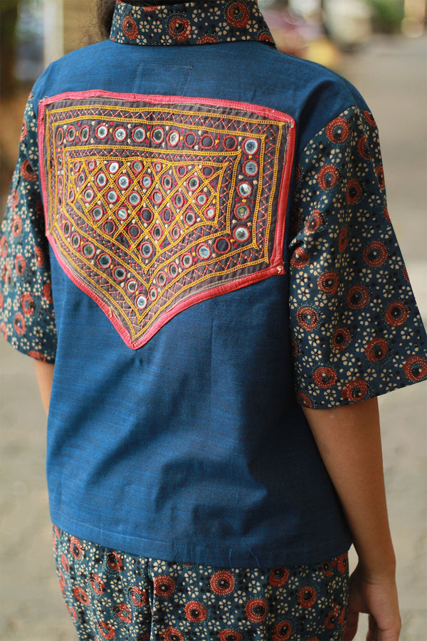 Cropped Shirt /  Blouse with Mirrorwork | Blue