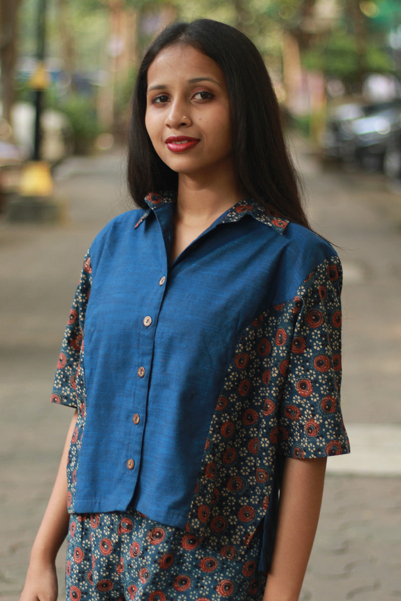 Cropped Shirt /  Blouse with Mirrorwork | Blue
