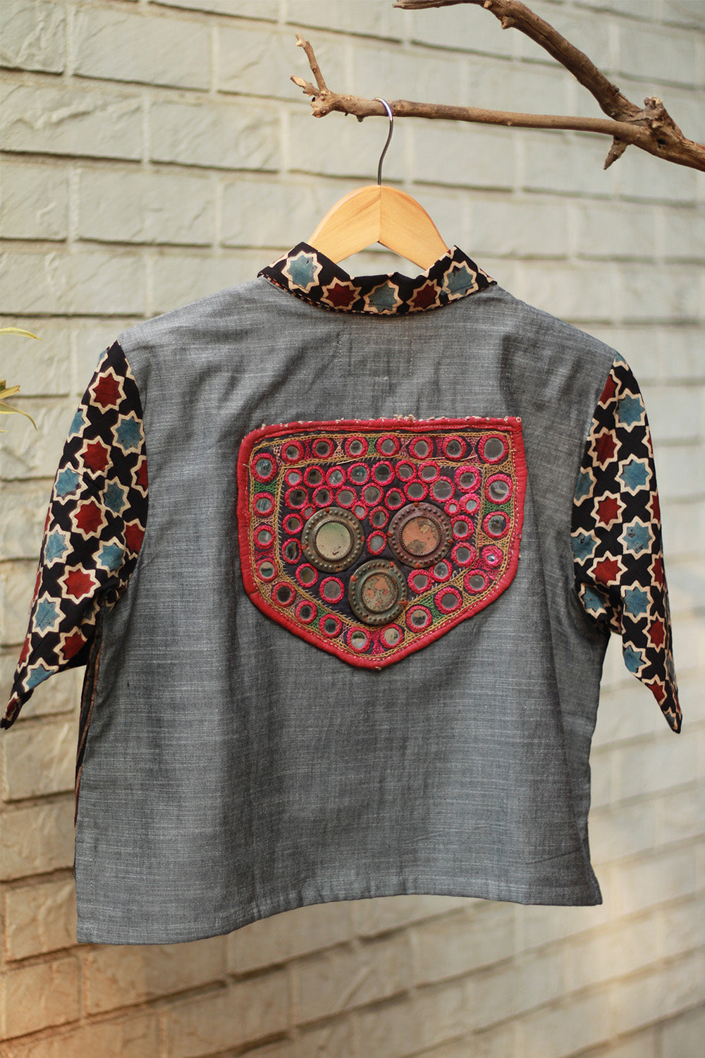 Cropped  Shirt-Blouse With Mirrorwork | Slate