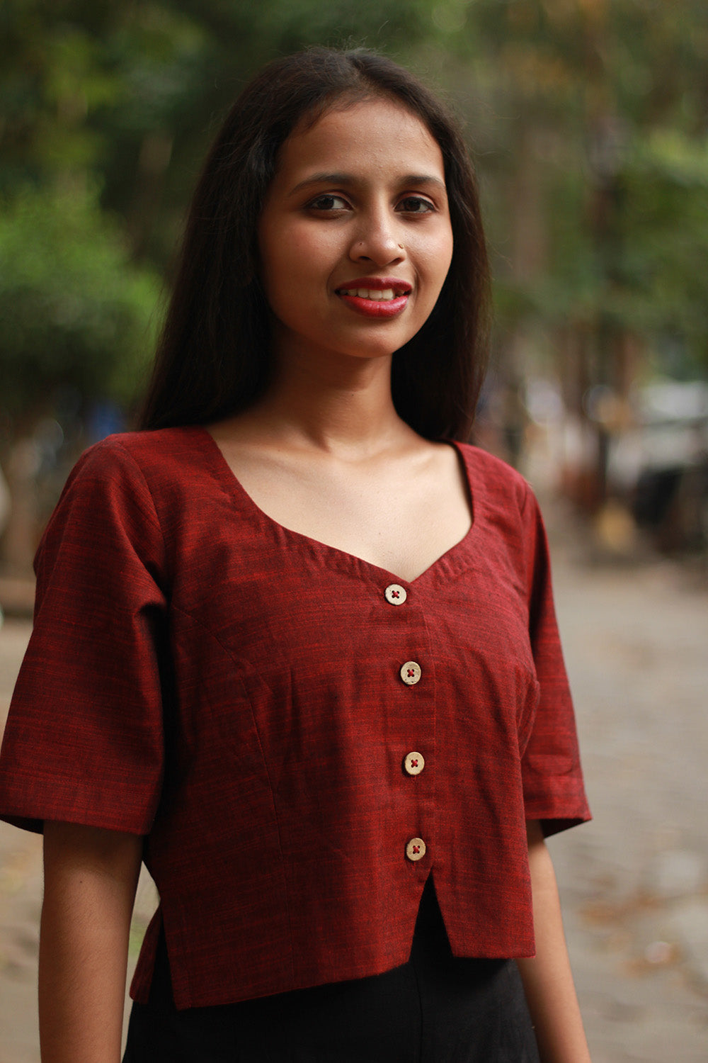 Cropped Shirt-Blouse | Cotton | Maroon