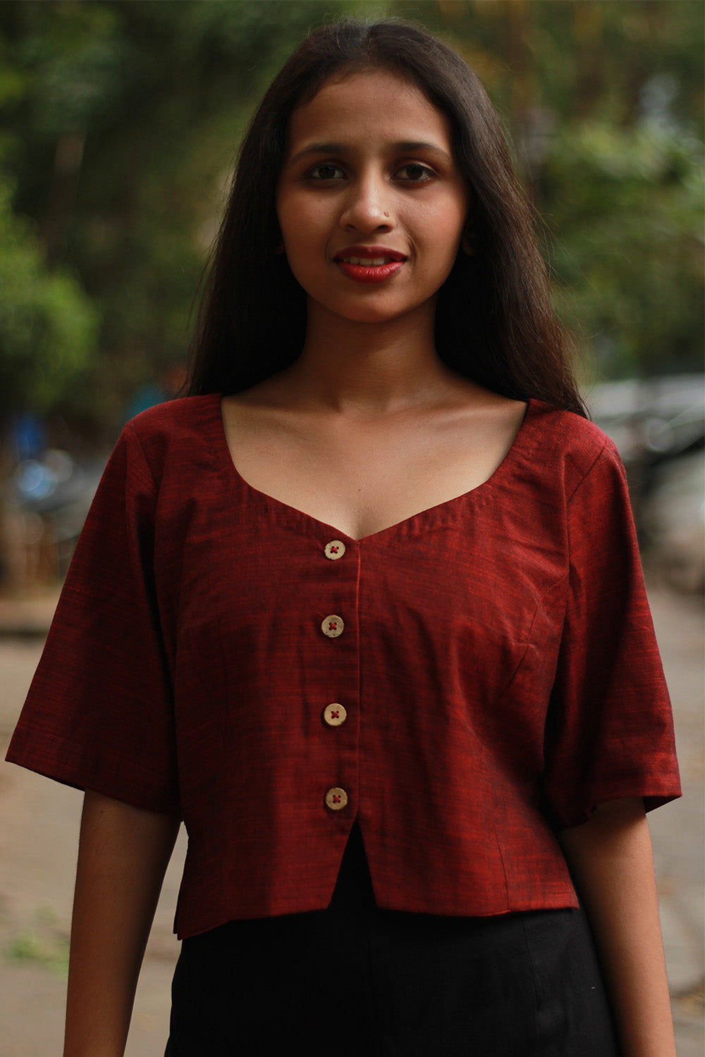 Cropped Shirt-Blouse | Cotton | Maroon