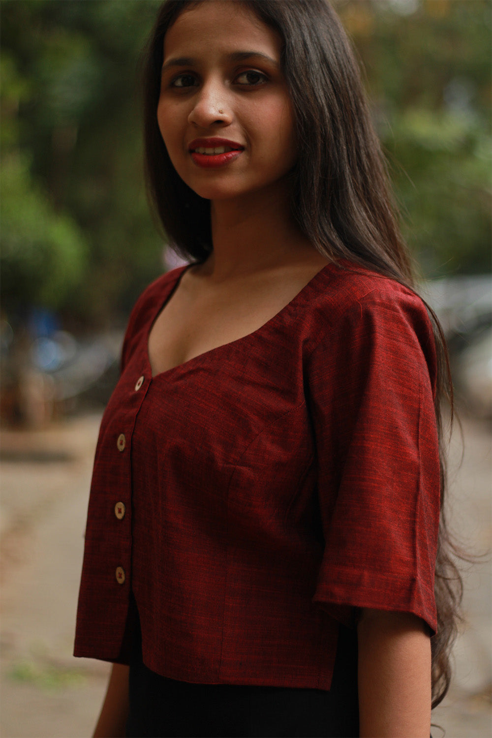 Cropped Shirt-Blouse | Cotton | Maroon