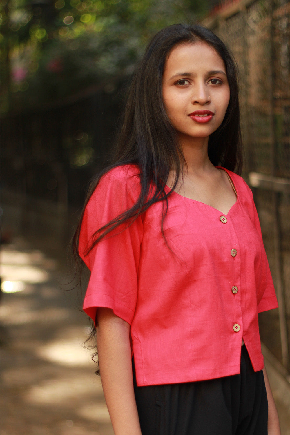 Cropped Shirt-Blouse | Cotton | Coral