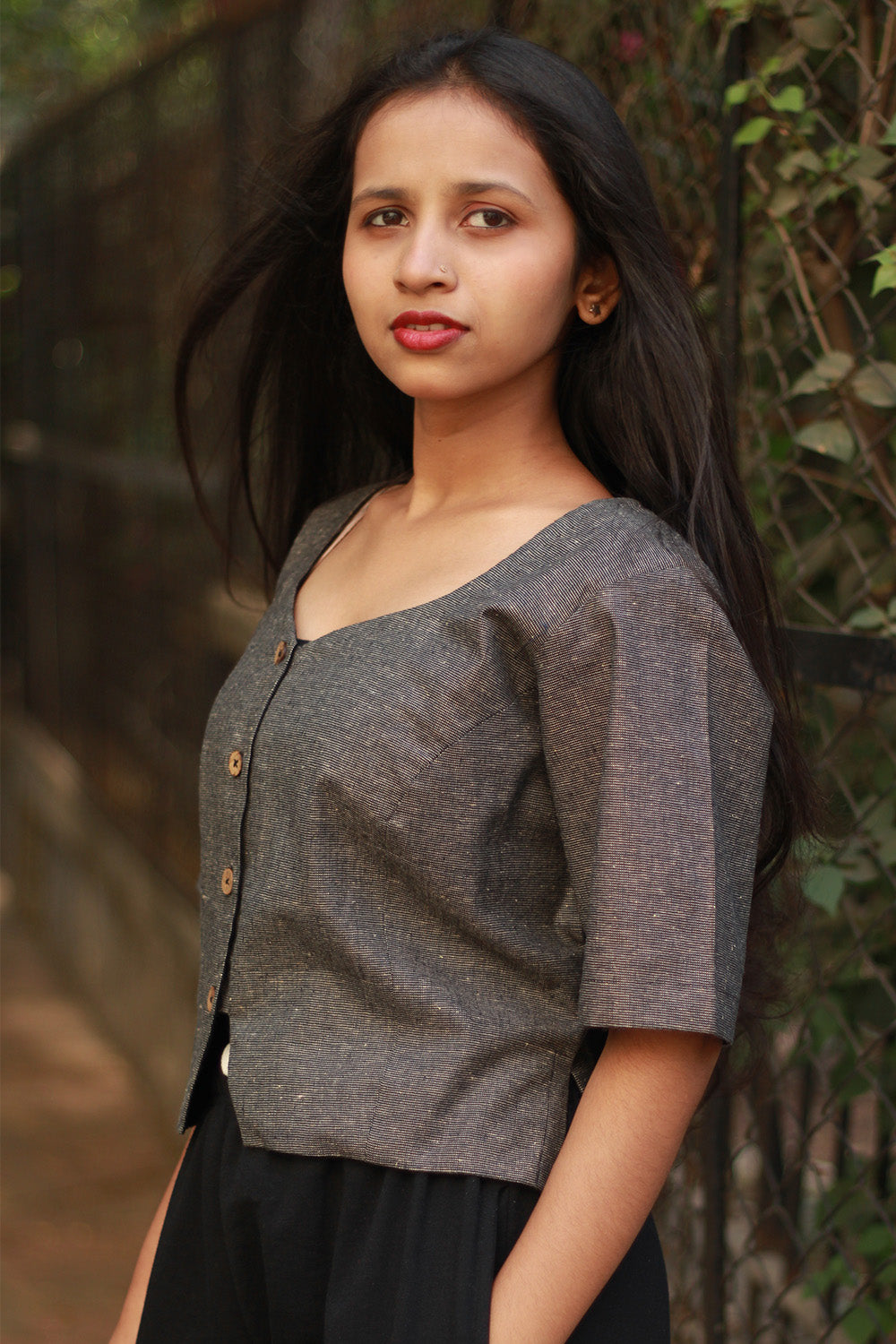 Cropped Shirt-Blouse | Cotton | Ash Brown