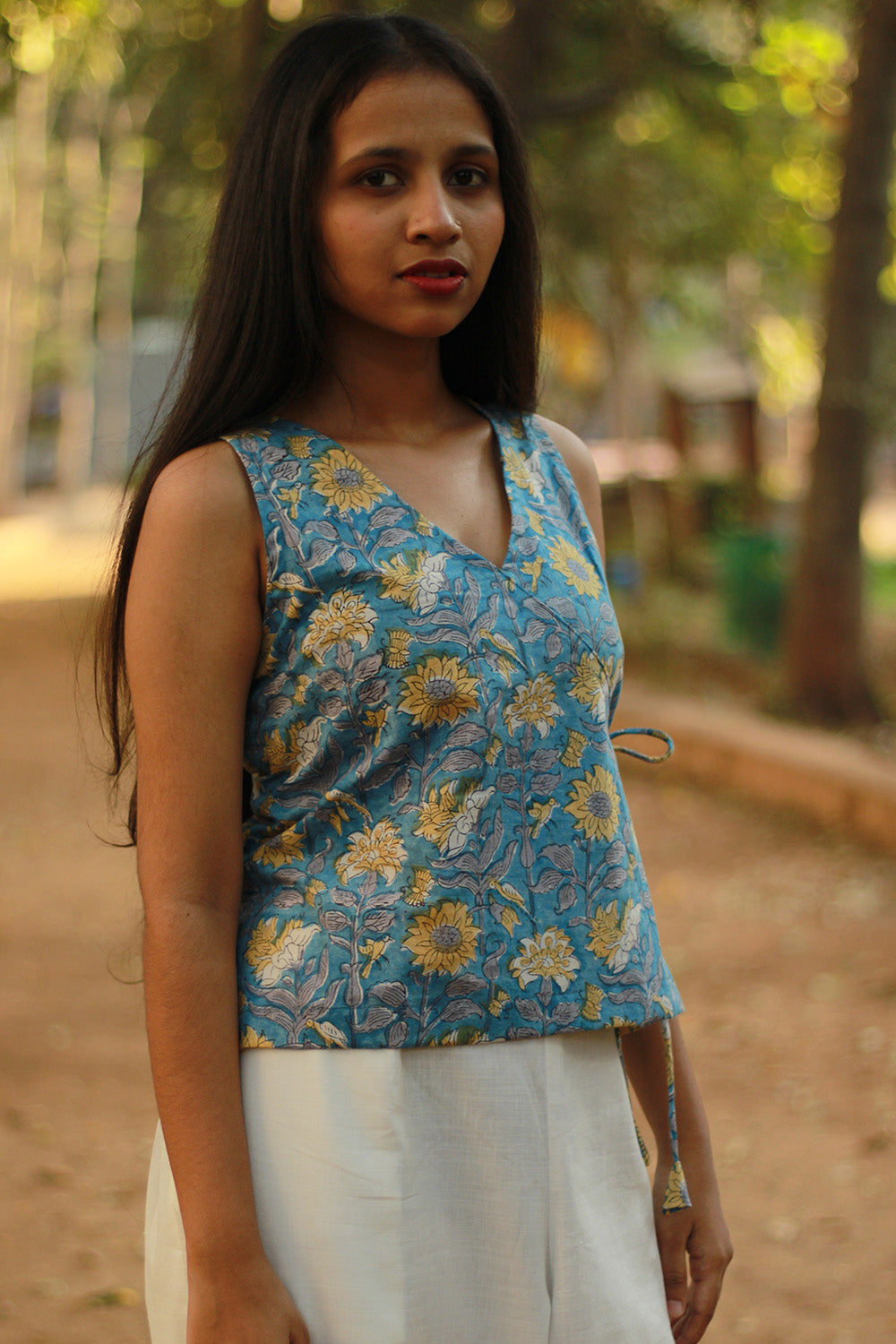 Aabroo | Sleeveless Angarkha Crop Top | Cyan Sanganeri