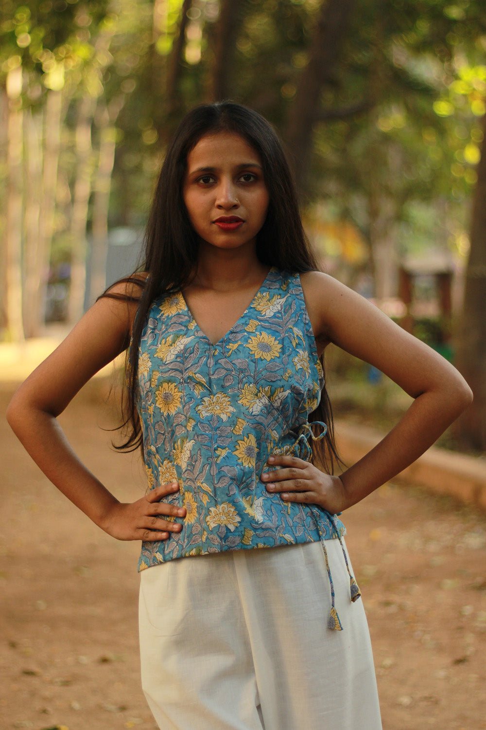 Aabroo | Sleeveless Angarkha Crop Top | Cyan Sanganeri