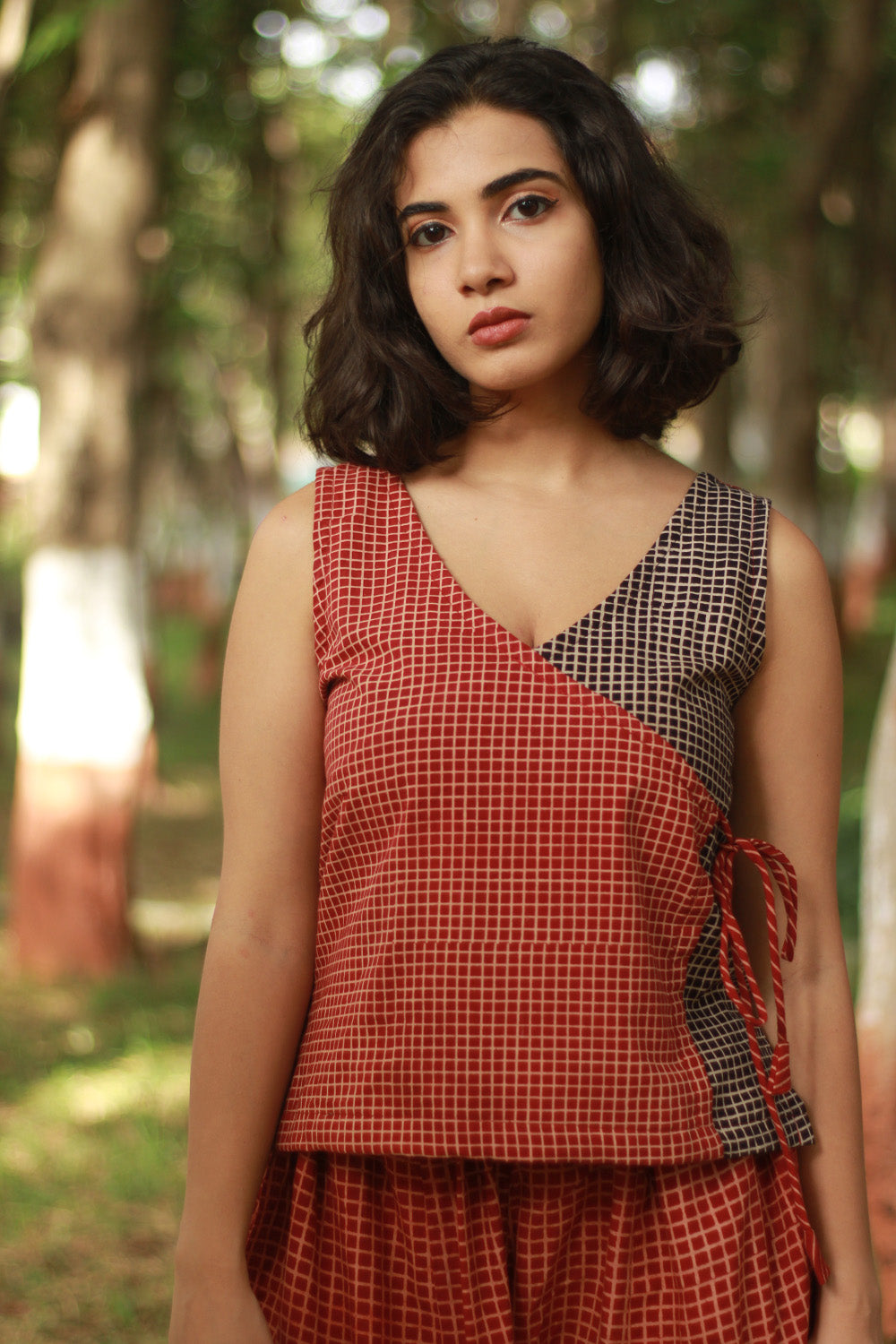 Dhaariyan | Aabroo | Sleeveless Angarkha Crop Top | Madder & Noir Ajrakh