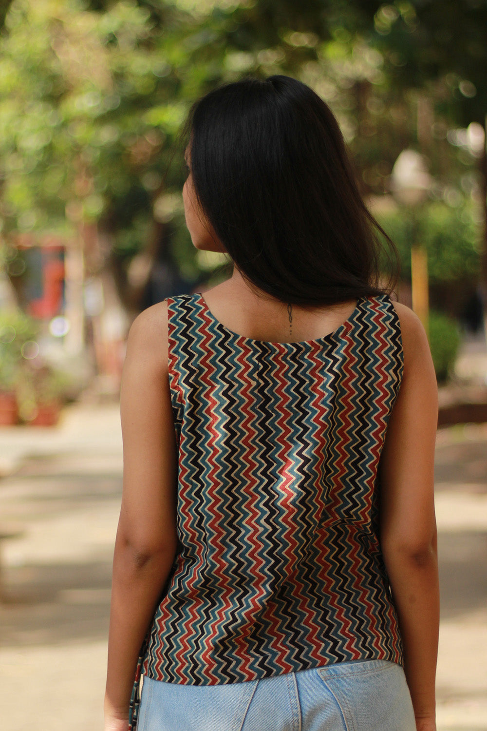 Aabroo | Sleeveless Angarkha Crop Top | Noir Chevron Ajrakh