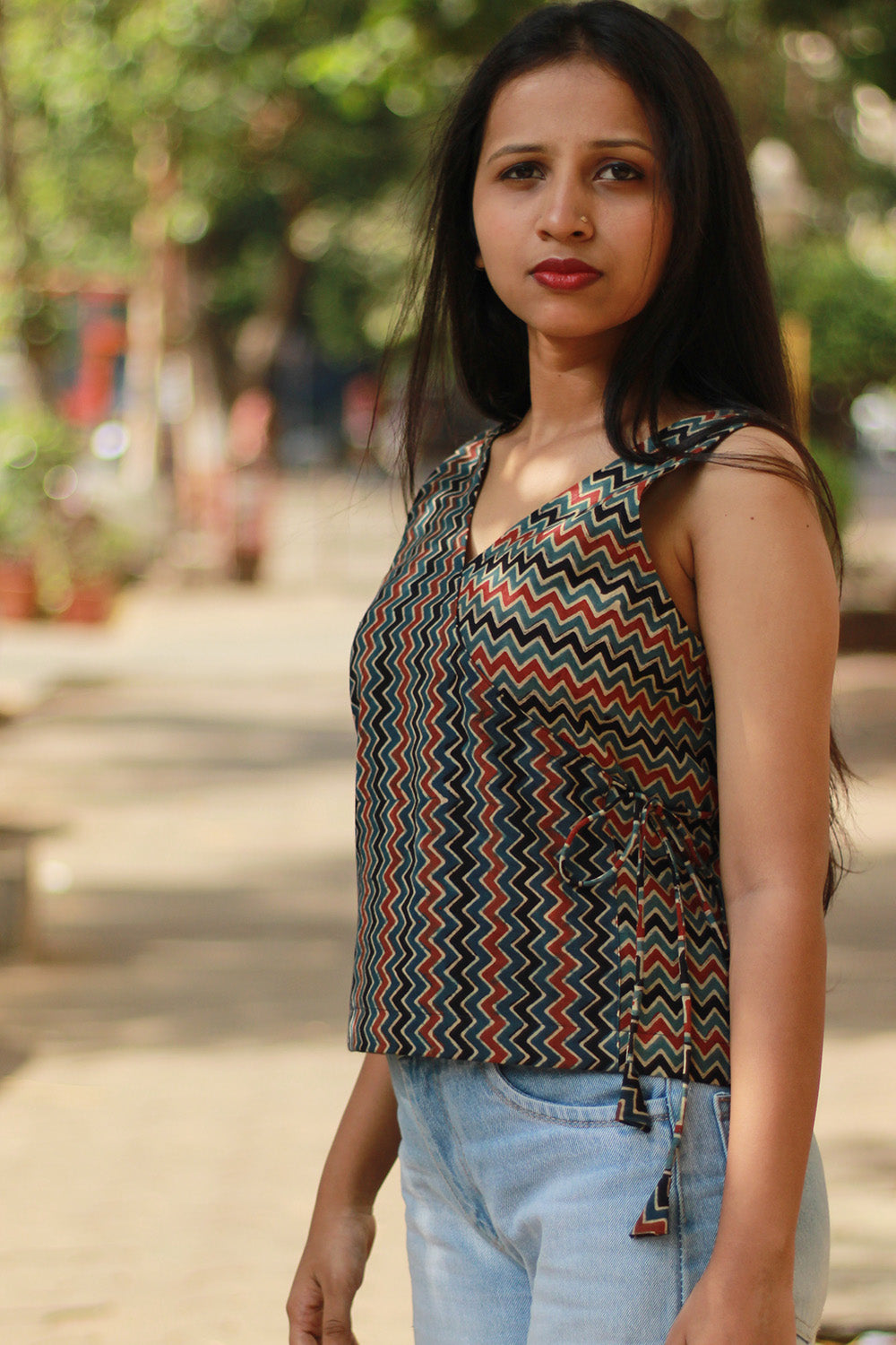 Aabroo | Sleeveless Angarkha Crop Top | Noir Chevron Ajrakh