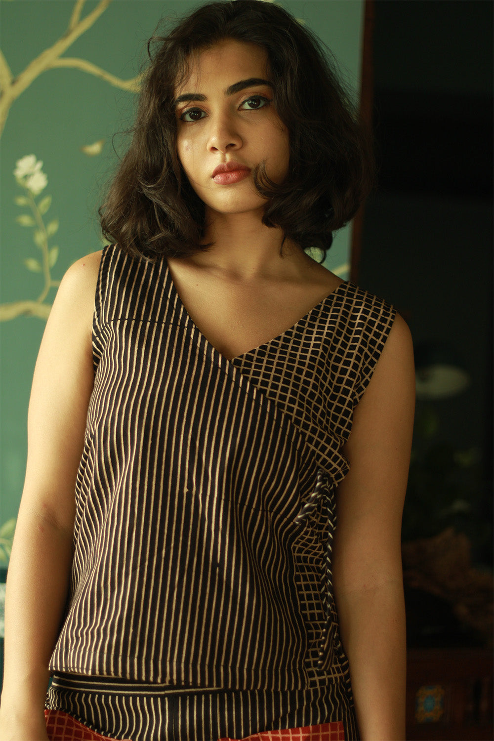 Dhaariyan | Aabroo | Sleeveless Angarkha Crop Top | Noir Ajrakh