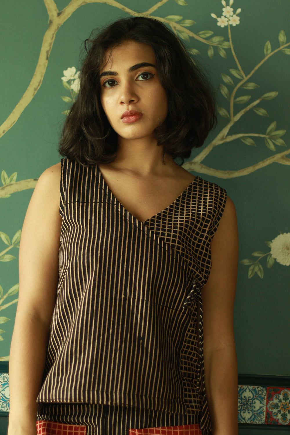 Dhaariyan | Aabroo | Sleeveless Angarkha Crop Top | Noir Ajrakh