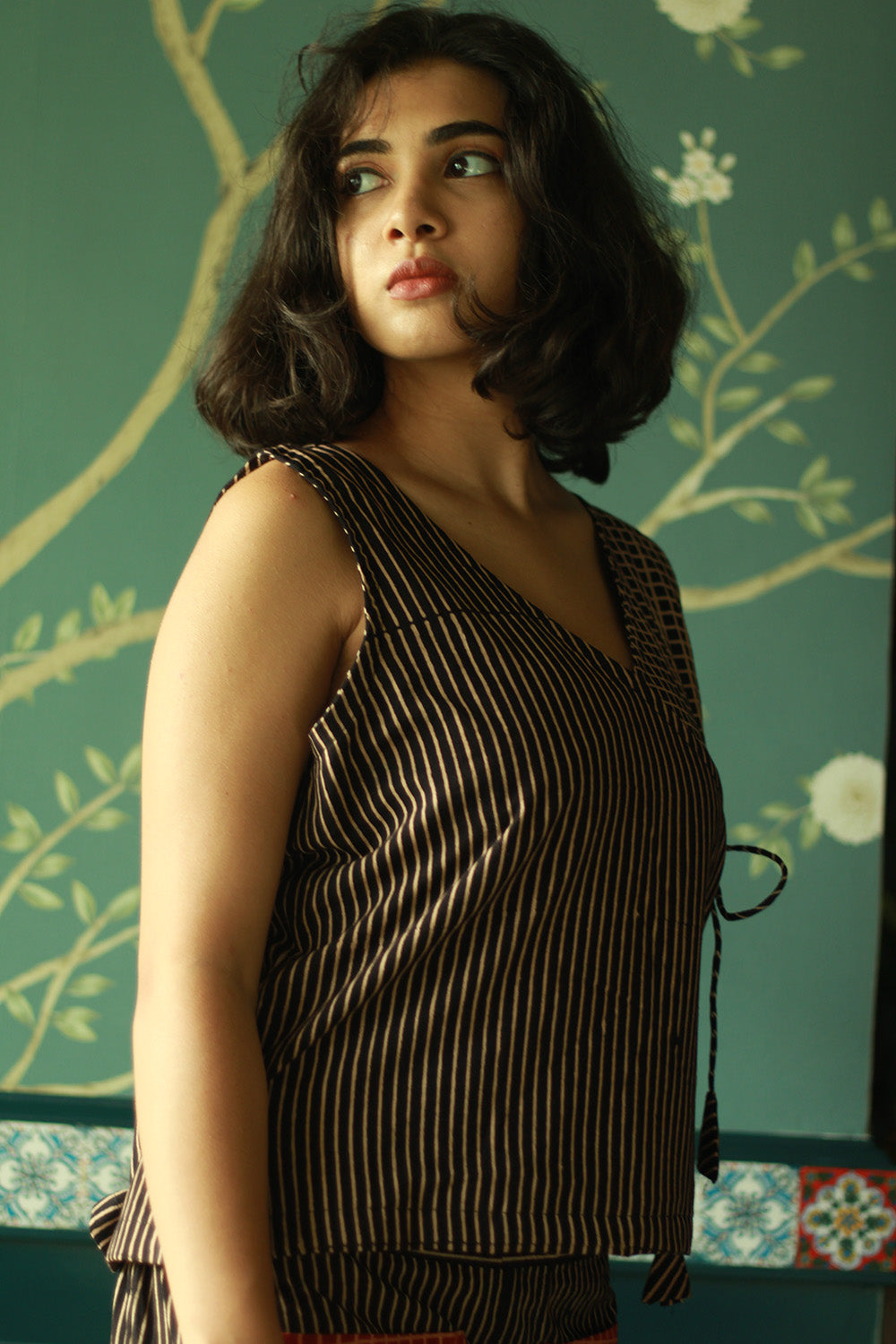 Dhaariyan | Aabroo | Sleeveless Angarkha Crop Top | Noir Ajrakh