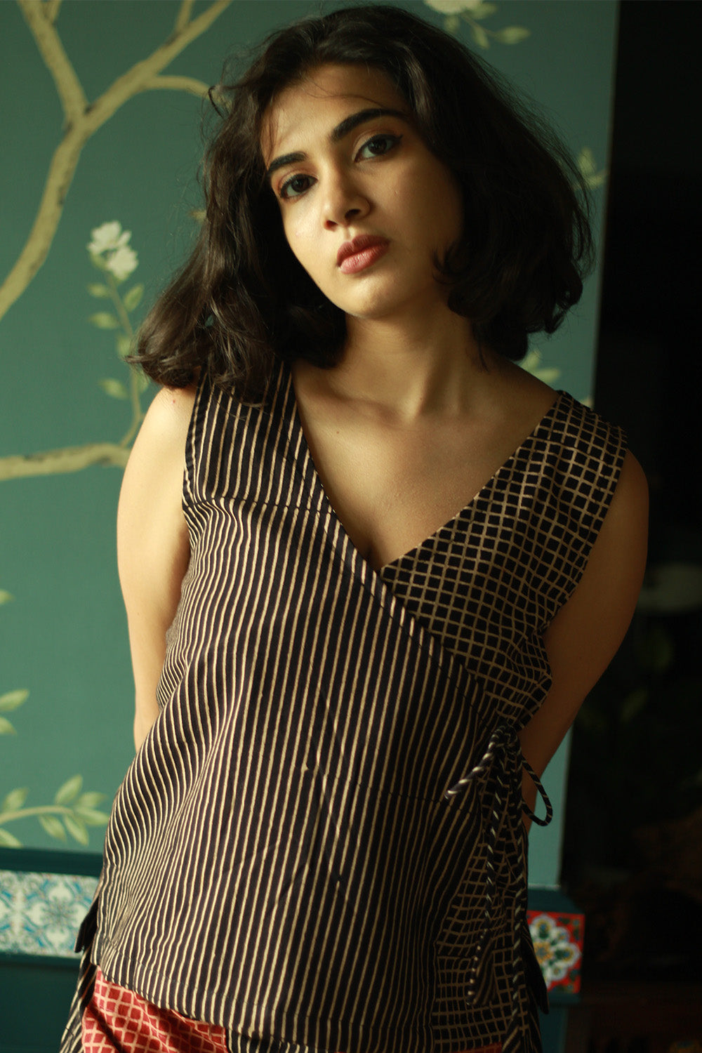 Dhaariyan | Aabroo | Sleeveless Angarkha Crop Top | Noir Ajrakh