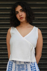 Aabroo | Sleeveless Angarkha Crop Top | White