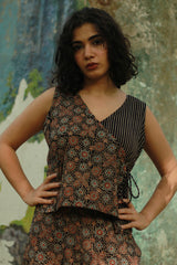 Aabroo | Sleeveless Angarkha Crop Top | Noir Universe Ajrakh