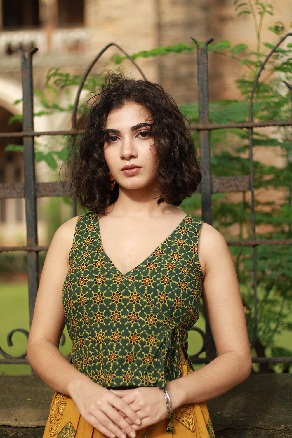 Aabroo | Sleeveless Angarkha Crop Top | Green Ajrakh Trellis