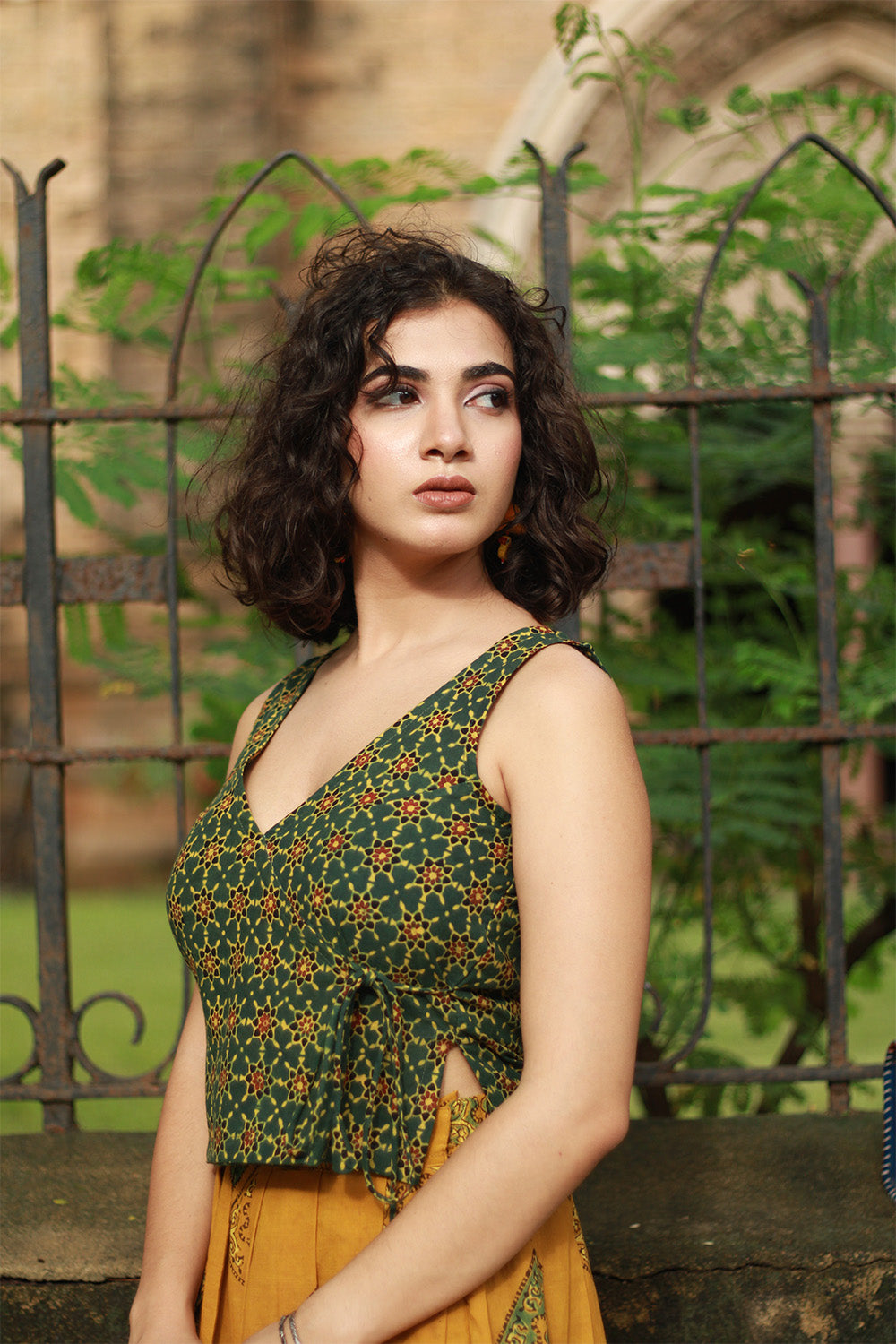 Aabroo | Sleeveless Angarkha Crop Top | Green Ajrakh Trellis