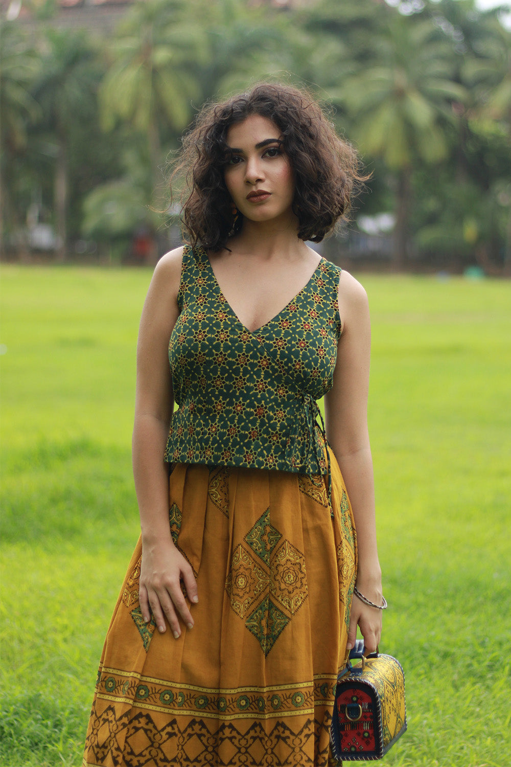 Myra | Box Pleated Midi Skirt | Mustard Ajrakh