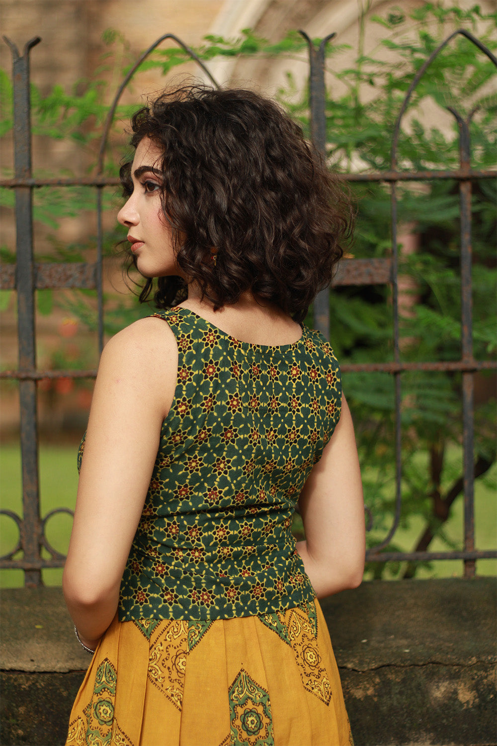 Aabroo | Sleeveless Angarkha Crop Top | Green Ajrakh Trellis