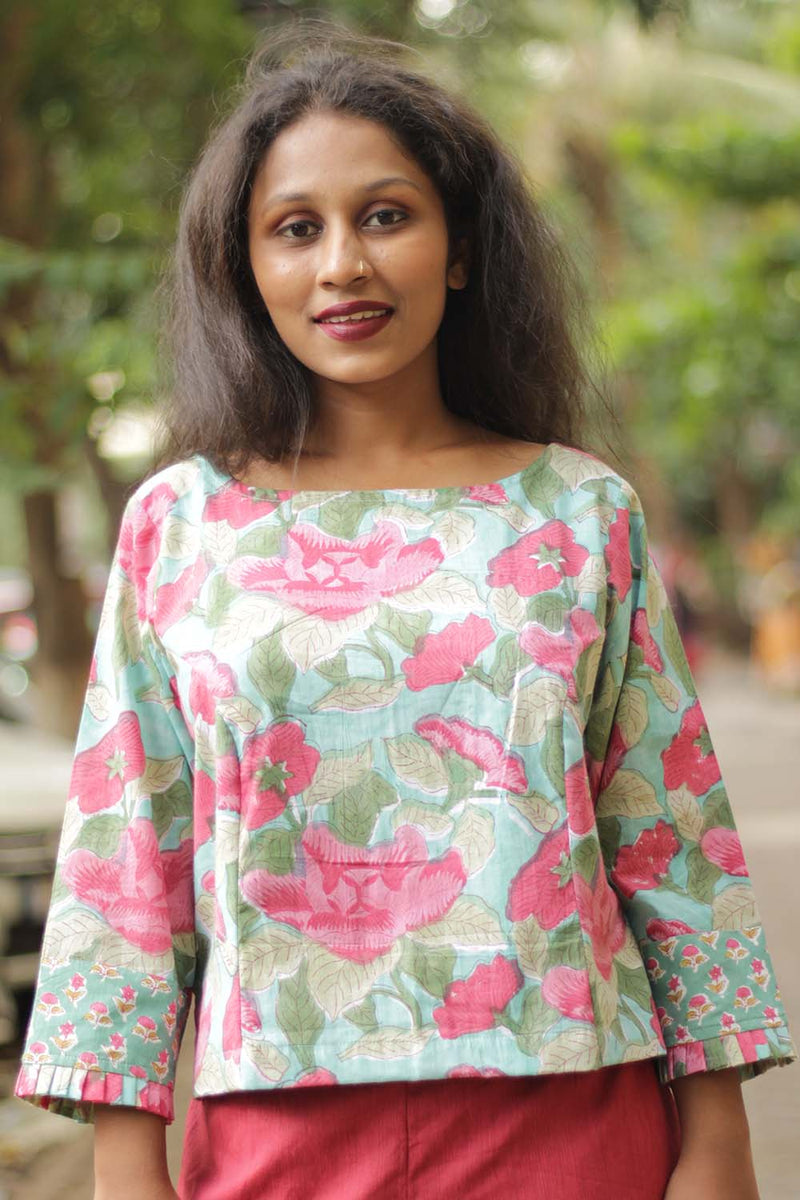 Sanganeri Crop Top- Teal Florals