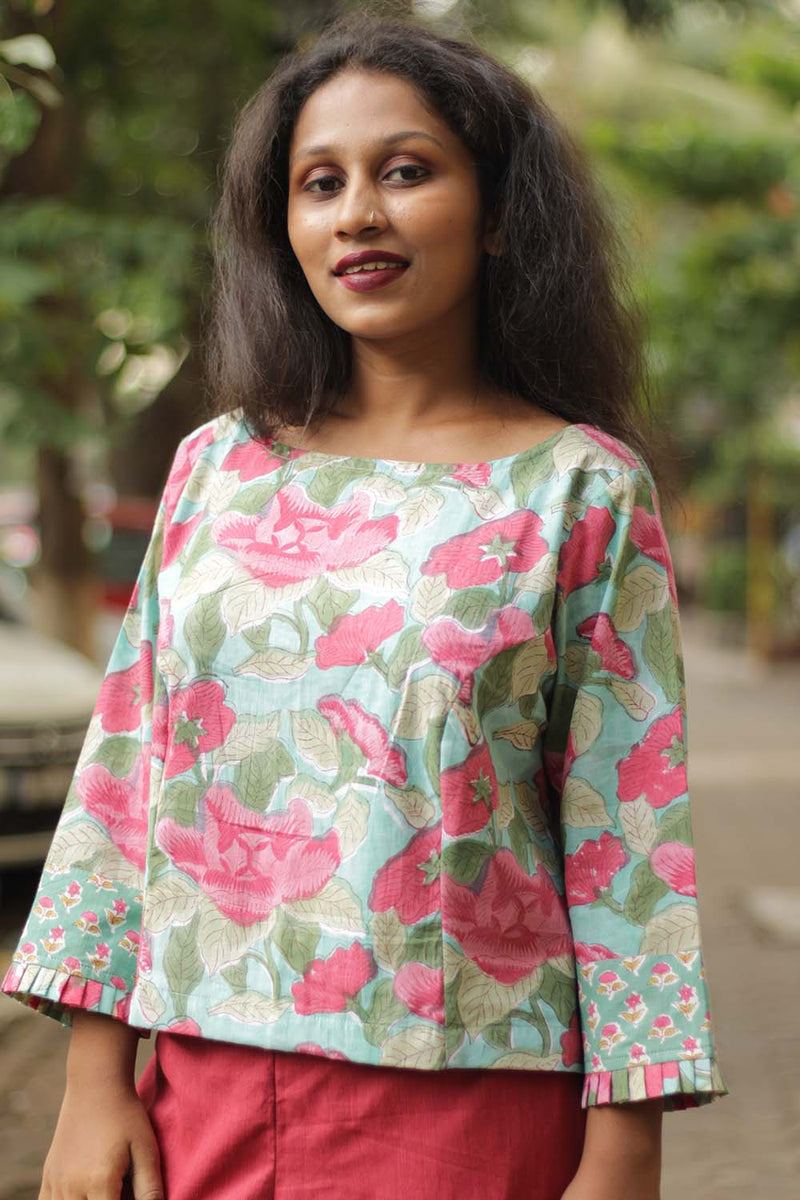 Sanganeri Crop Top- Teal Florals