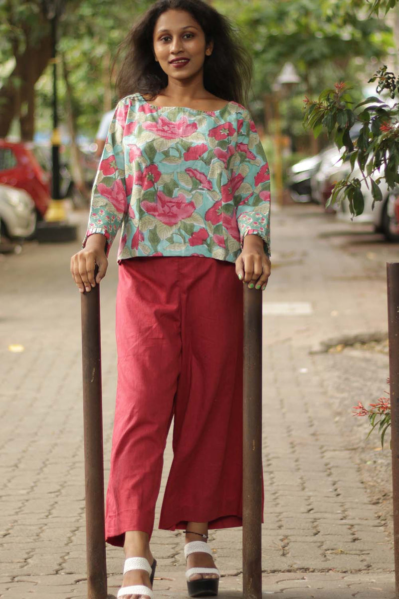 Sanganeri Crop Top- Teal Florals