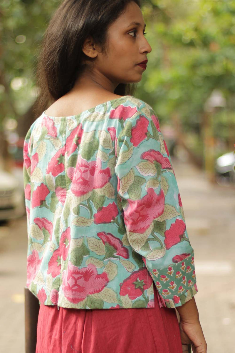 Sanganeri Crop Top- Teal Florals