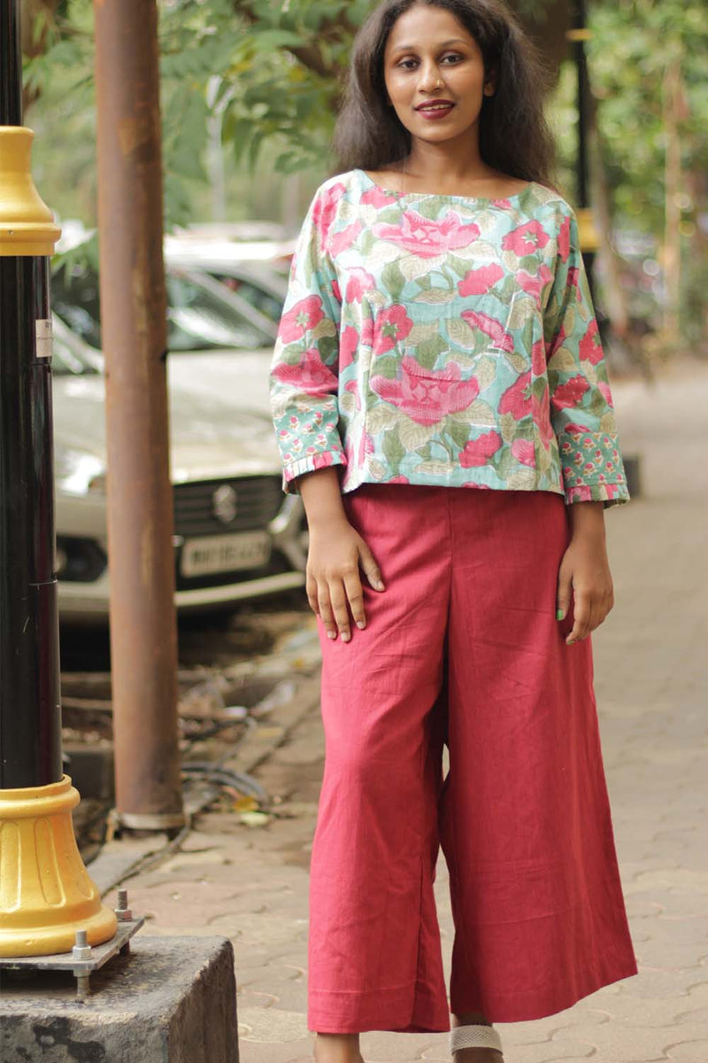 Sanganeri Crop Top- Teal Florals
