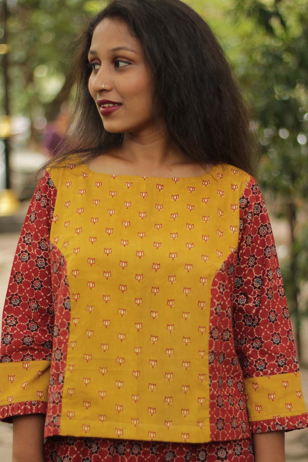 Ajrakh Crop Top- Mustard Kamaliya