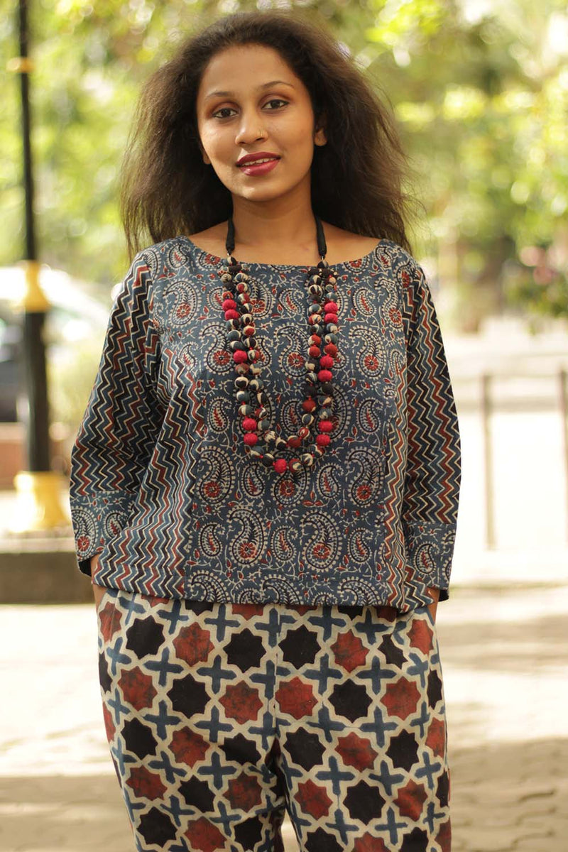 Ajrakh Crop Top- Blue Kairi