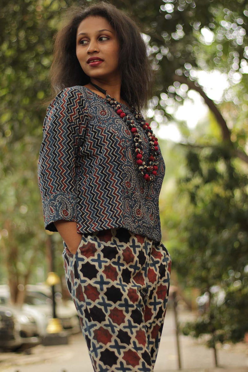 Ajrakh Crop Top- Blue Kairi