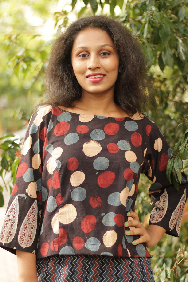 Ajrakh Crop Top- Noir Polka