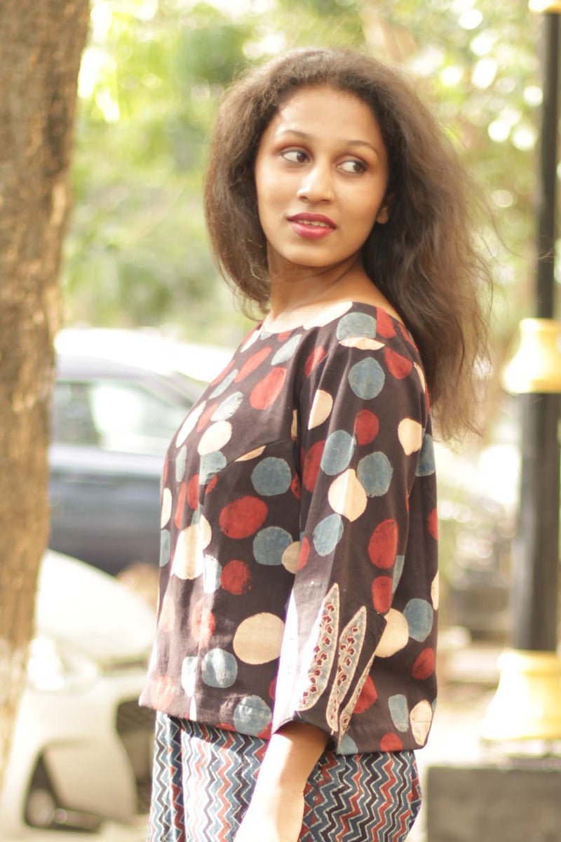Ajrakh Crop Top- Noir Polka