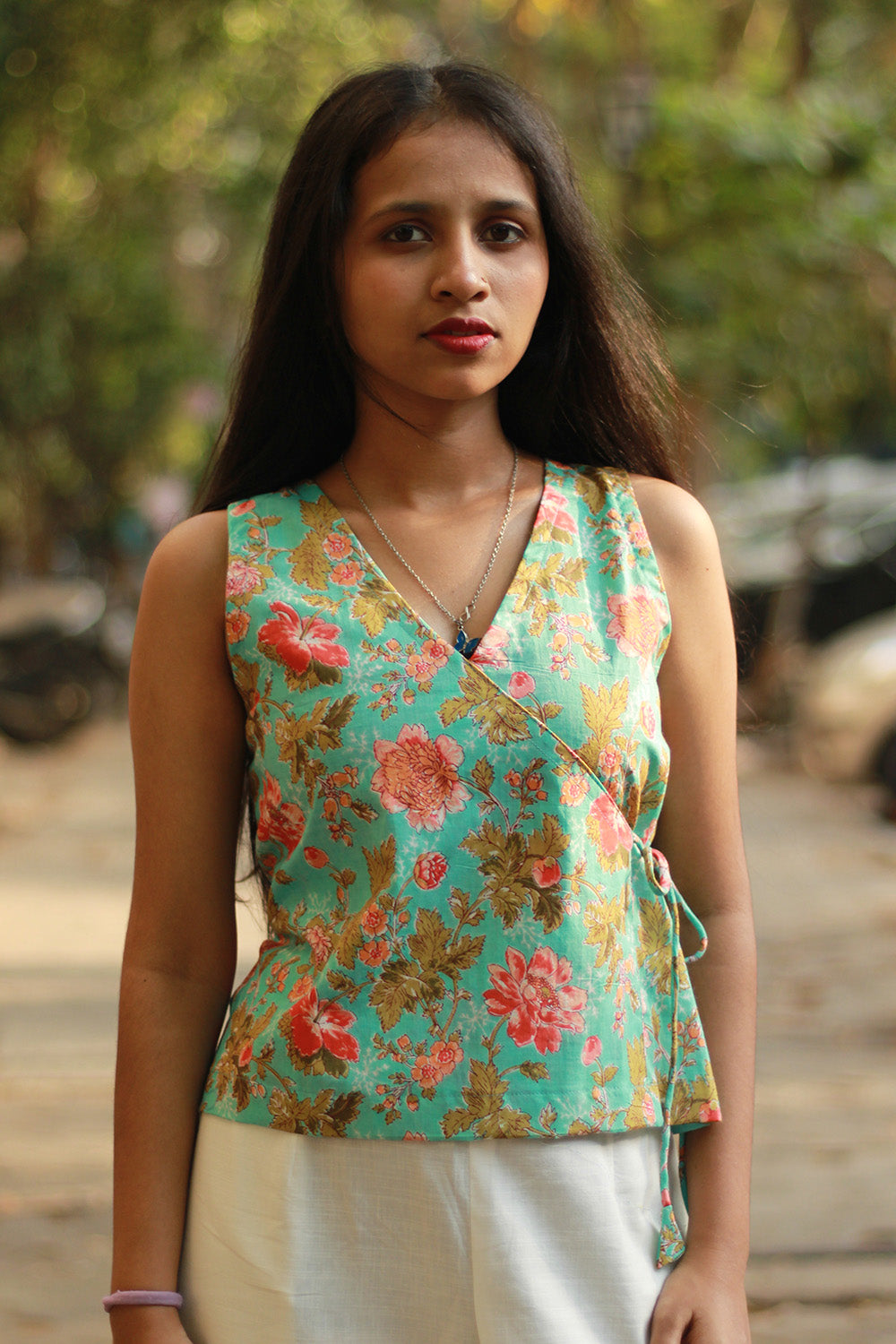 Aabroo | Sleeveless Angarkha Crop Top | Teal Sanganeri