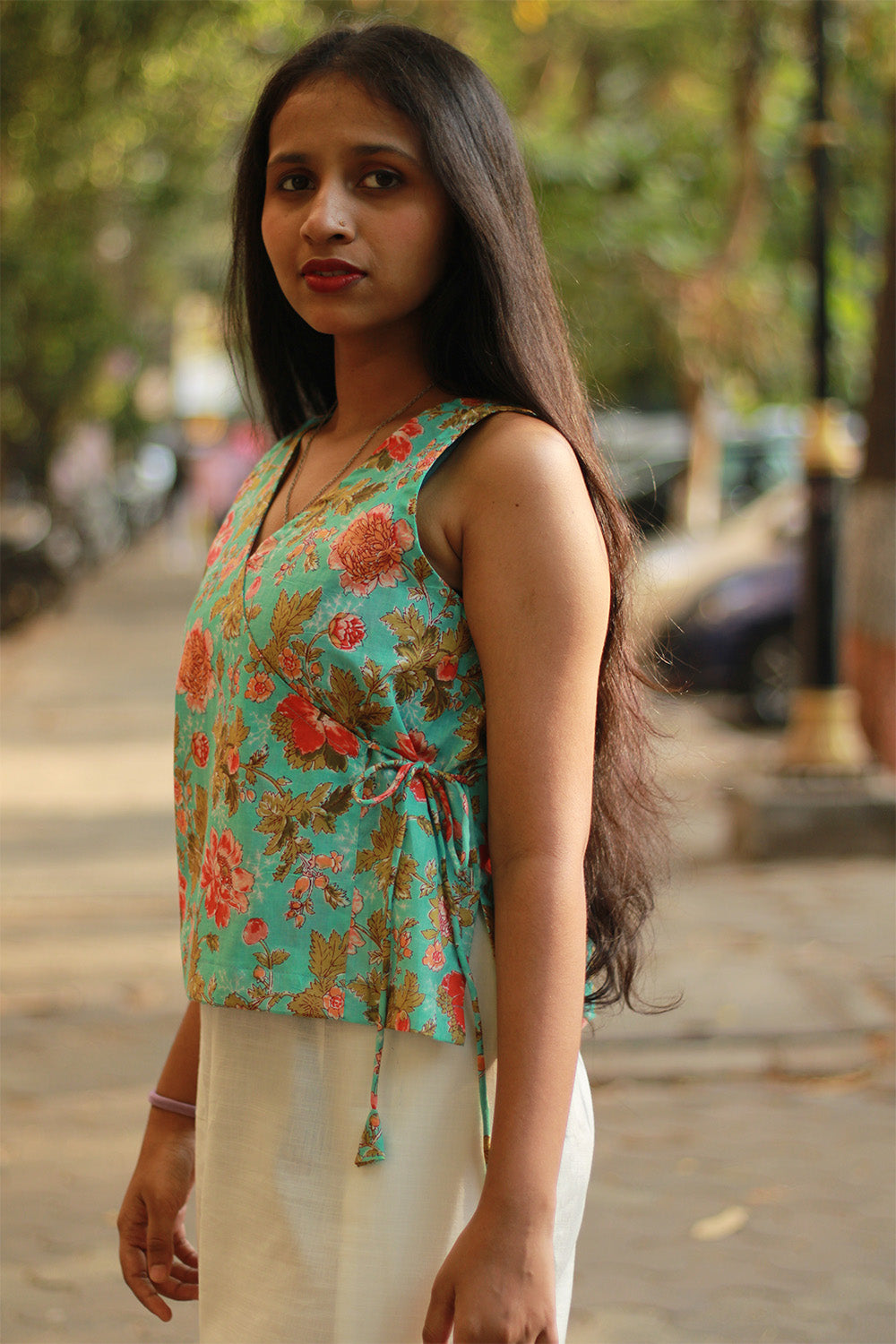 Aabroo | Sleeveless Angarkha Crop Top | Teal Sanganeri