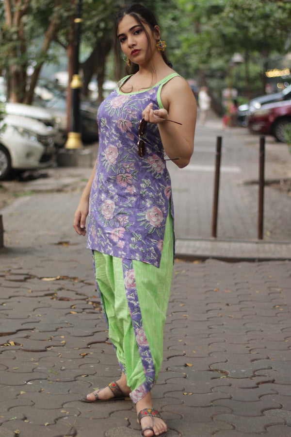 Dhoti Pants | Neon Green with Purple Sanganeri accent