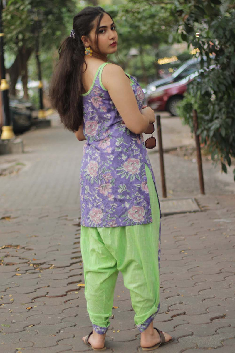 Dhoti Pants | Neon Green with Purple Sanganeri accent
