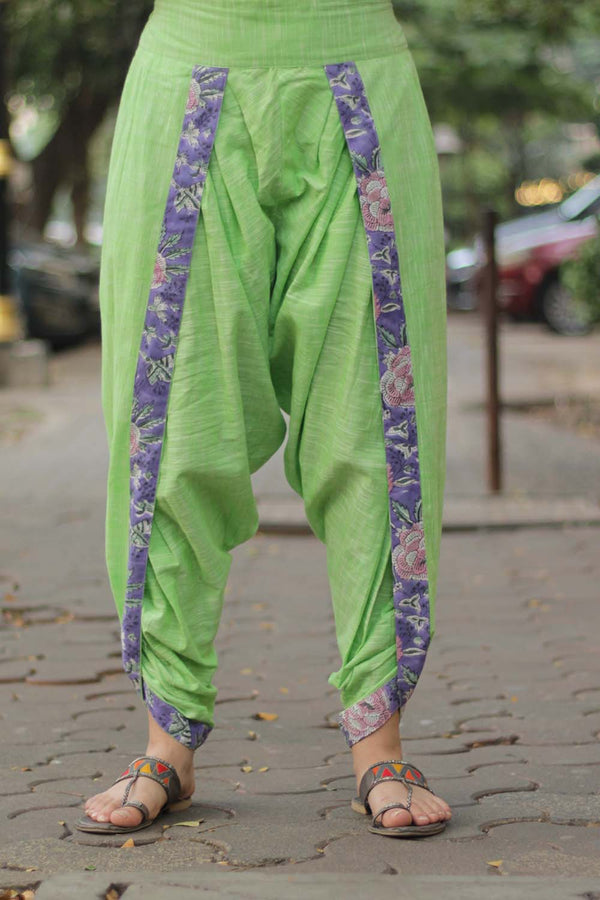 Dhoti Pants | Neon Green with Purple Sanganeri accent