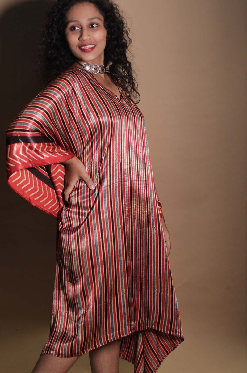 Sitaara | Ajrakh Modal Kaftan | Rouge-Noir Stripes