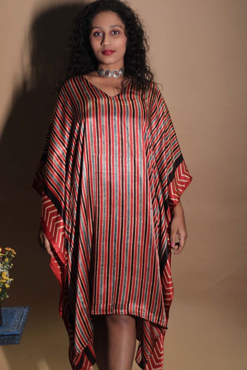Sitaara | Ajrakh Modal Kaftan | Rouge-Noir Stripes