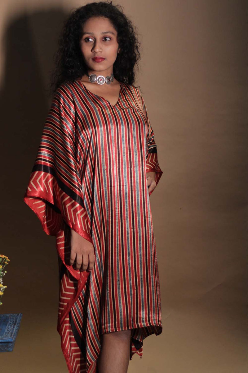 Sitaara | Ajrakh Modal Kaftan | Rouge-Noir Stripes