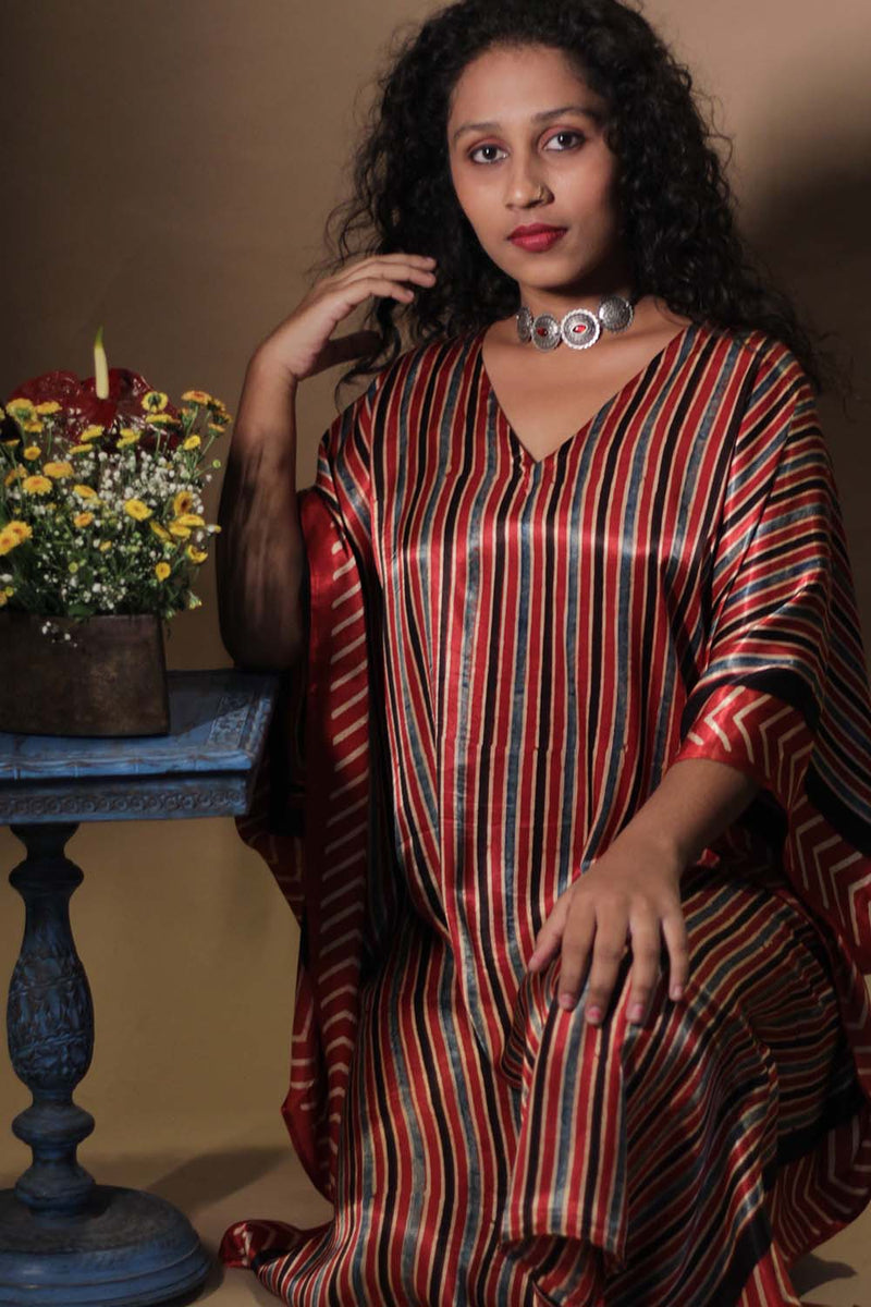 Sitaara | Ajrakh Modal Kaftan | Rouge-Noir Stripes