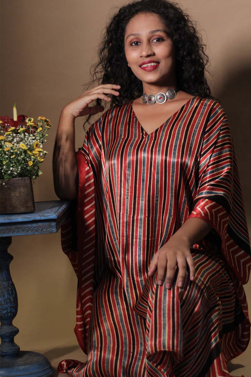 Sitaara | Ajrakh Modal Kaftan | Rouge-Noir Stripes