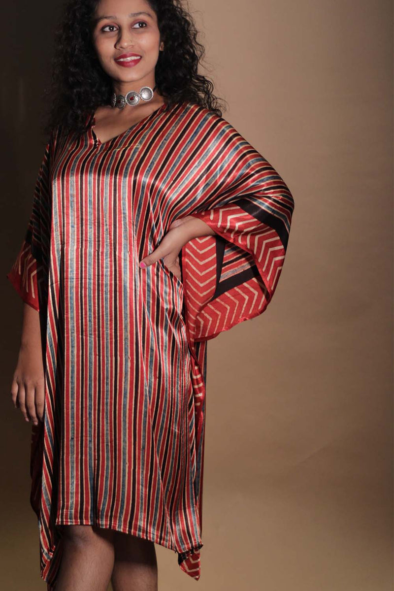 Sitaara | Ajrakh Modal Kaftan | Rouge-Noir Stripes