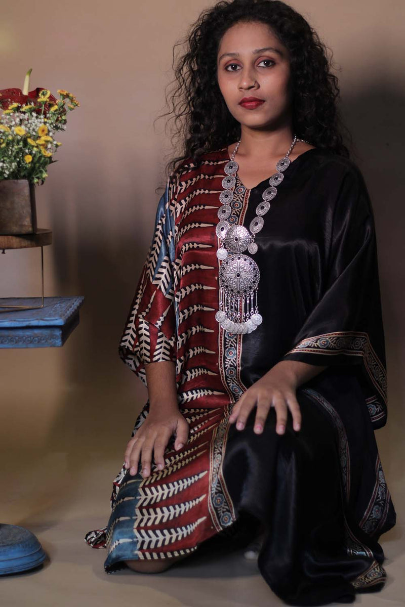 Sitaara | Ajrakh Modal Kaftan | Noir Florals